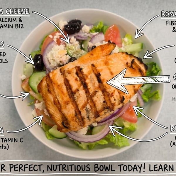 A grilled salmon salad bowl with feta, olives, cucumbers, tomatoes, red onion, and romaine lettuce.