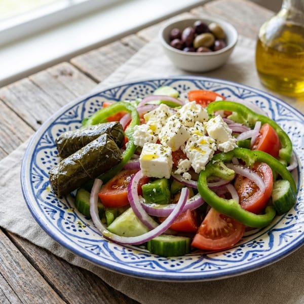 A vibrant Greek salad with feta, tomatoes, cucumbers, bell peppers, onions, and dolmades.