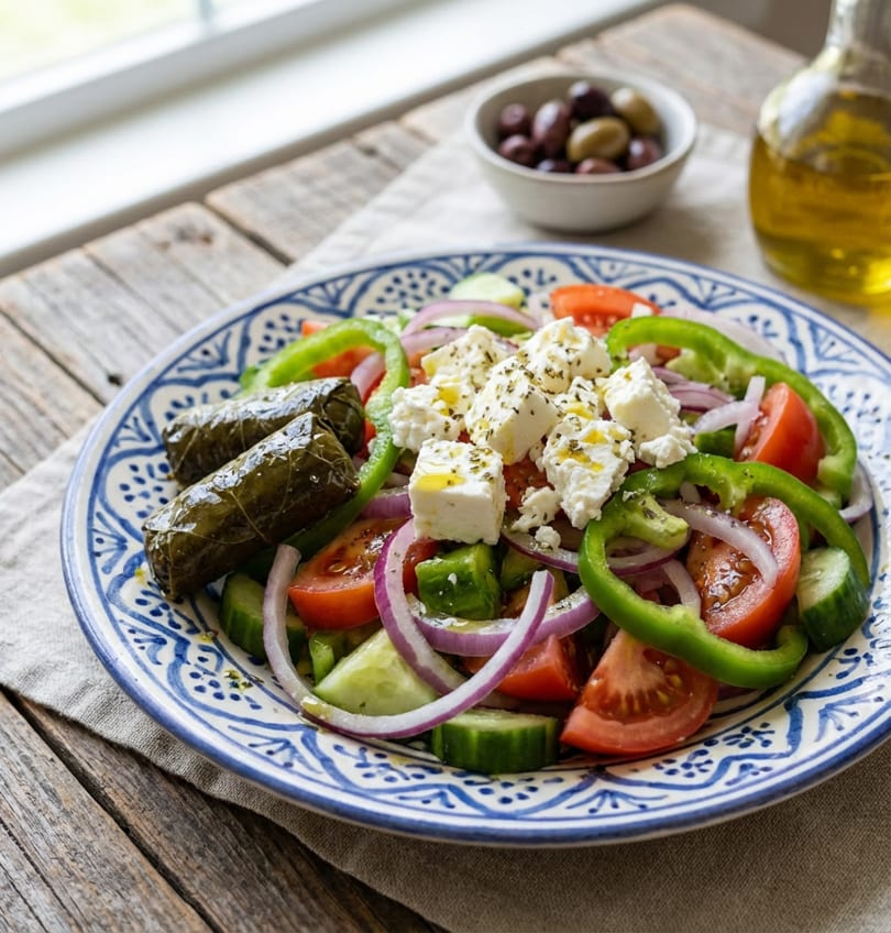 A vibrant Greek salad with feta, tomatoes, cucumbers, bell peppers, onions, and dolmades.