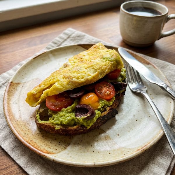 Avocado toast with an omelet, cherry tomatoes, and olives, served with a steaming cup of coffee.