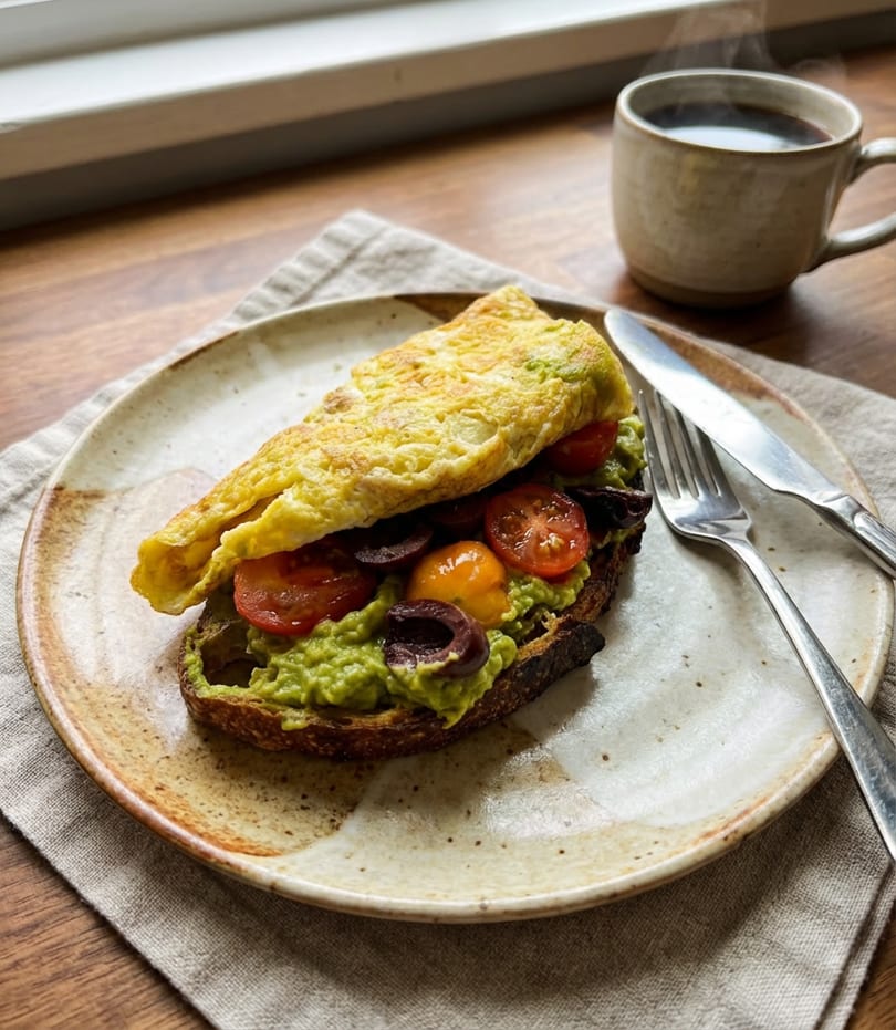 Avocado toast with an omelet, cherry tomatoes, and olives, served with a steaming cup of coffee.