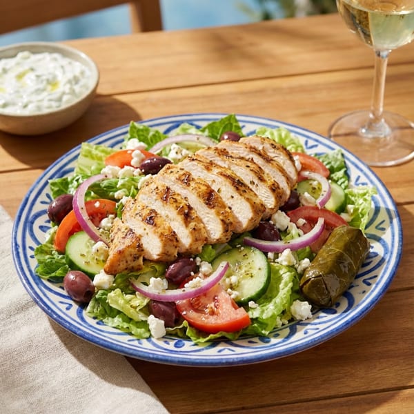 Grilled chicken salad with lettuce, tomatoes, cucumbers, red onions, feta, olives, and a stuffed grape leaf.