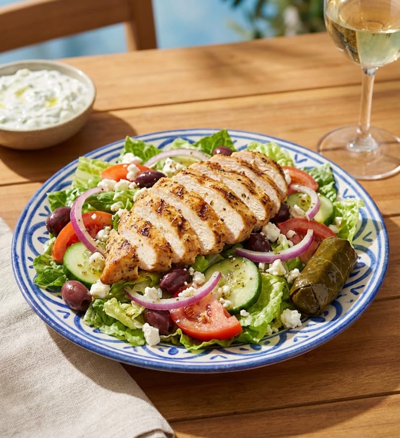 Grilled chicken salad with lettuce, tomatoes, cucumbers, red onions, feta, olives, and a stuffed grape leaf.