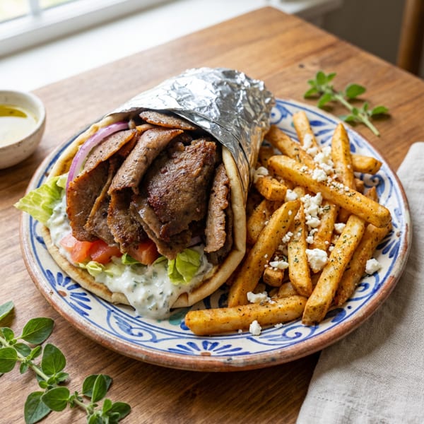 Gyro wrapped in foil with tzatziki, lettuce, tomato, and onion, served with feta fries.