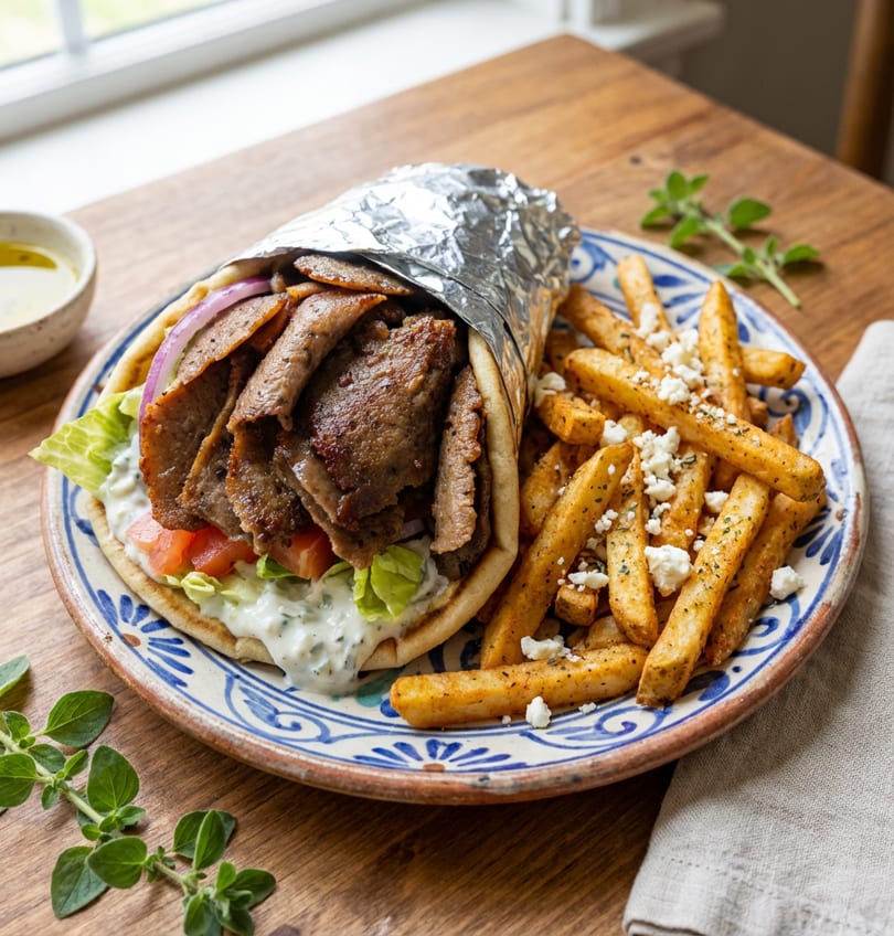 Gyro wrapped in foil with tzatziki, lettuce, tomato, and onion, served with feta fries.