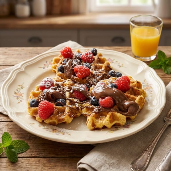 Waffles topped with raspberries, blueberries, chocolate, and powdered sugar, with orange juice.