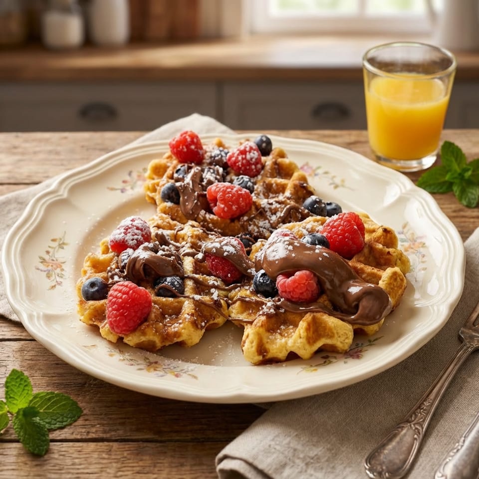 Waffles topped with raspberries, blueberries, chocolate, and powdered sugar, with orange juice.