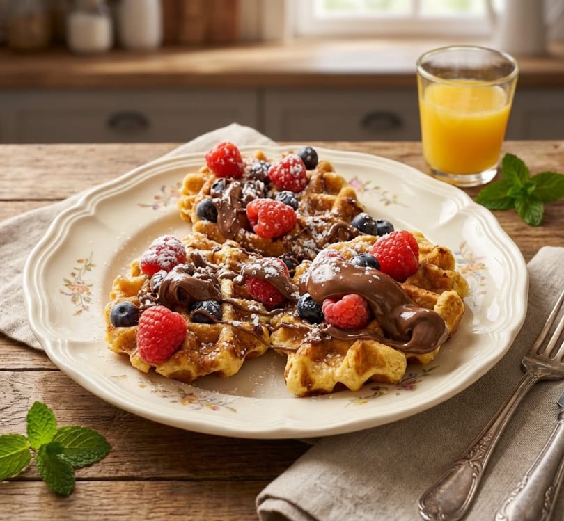 Waffles topped with raspberries, blueberries, chocolate, and powdered sugar, with orange juice.